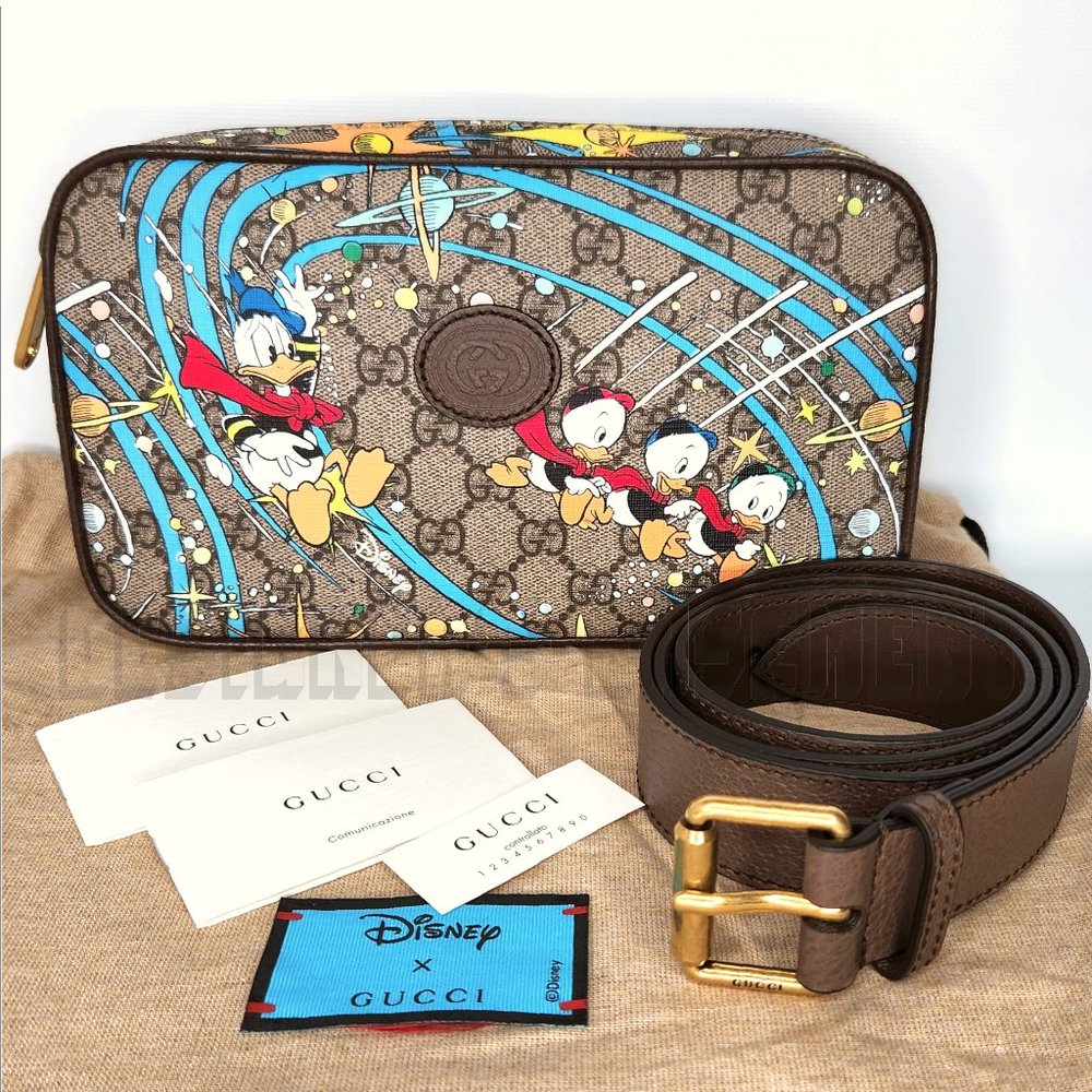 GUCCI x DISNEY brown leather Donald Duck GG Supreme 38-95 leather Belt BUM Bag - Picture 2 of 13
